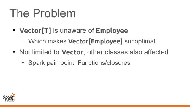 The Problem
●
Vector[T] is unaware of Employee
– Which makes Vector[Employee] suboptimal
●
Not limited to Vector, other classes also affected
– Spark pain point: Functions/closures
