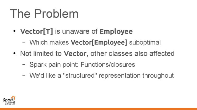 The Problem
●
Vector[T] is unaware of Employee
– Which makes Vector[Employee] suboptimal
●
Not limited to Vector, other classes also affected
– Spark pain point: Functions/closures
– We'd like a "structured" representation throughout
