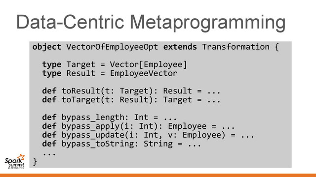 Data-Centric Metaprogramming
object VectorOfEmployeeOpt extends Transformation {
type Target = Vector[Employee]
type Result = EmployeeVector
def toResult(t: Target): Result = ...
def toTarget(t: Result): Target = ...
def bypass_length: Int = ...
def bypass_apply(i: Int): Employee = ...
def bypass_update(i: Int, v: Employee) = ...
def bypass_toString: String = ...
...
}
