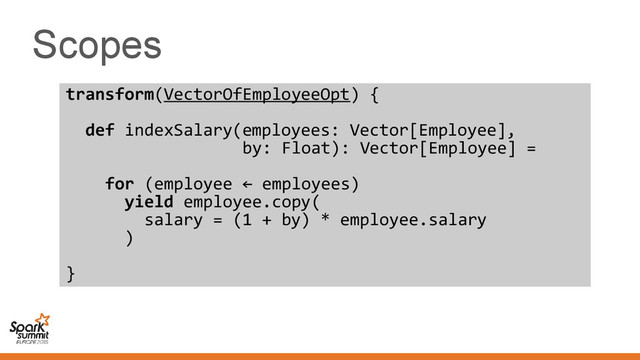 Scopes
transform(VectorOfEmployeeOpt) {
def indexSalary(employees: Vector[Employee],
by: Float): Vector[Employee] =
for (employee ← employees)
yield employee.copy(
salary = (1 + by) * employee.salary
)
}
