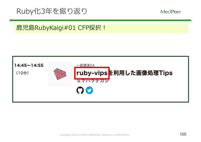 105
Copyright(C) 2019 ALL RIGHTS RESERVED , MedPeer,Inc. CONFIDENTIAL
Ruby化3年を振り返り
⿅児島RubyKaigi#01 CFP採択！
