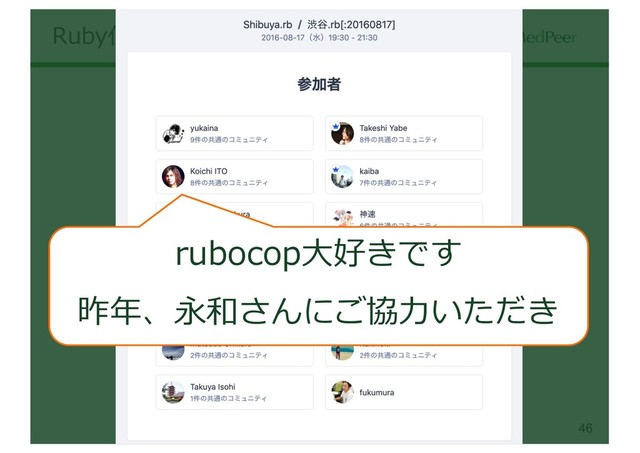 46
Copyright(C) 2019 ALL RIGHTS RESERVED , MedPeer,Inc. CONFIDENTIAL
Ruby化3年を振り返り
はじめての地域rb
rubocop⼤好きです
昨年、永和さんにご協⼒いただき
