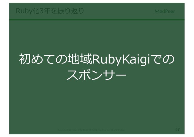 57
Copyright(C) 2019 ALL RIGHTS RESERVED , MedPeer,Inc. CONFIDENTIAL
Ruby化3年を振り返り
初めての地域RubyKaigiでの
スポンサー
