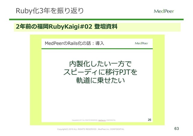 63
Copyright(C) 2019 ALL RIGHTS RESERVED , MedPeer,Inc. CONFIDENTIAL
Ruby化3年を振り返り
2年前の福岡RubyKaigi#02 登壇資料
