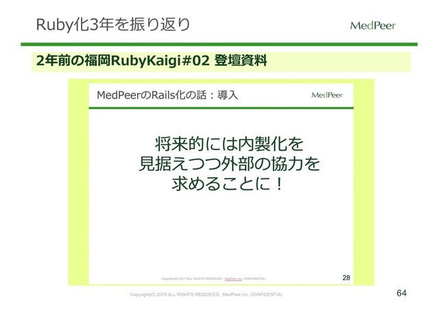 64
Copyright(C) 2019 ALL RIGHTS RESERVED , MedPeer,Inc. CONFIDENTIAL
Ruby化3年を振り返り
2年前の福岡RubyKaigi#02 登壇資料
