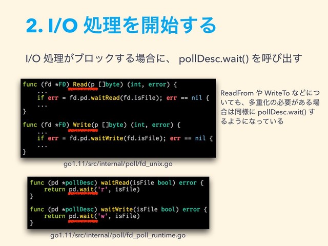 2. I/O ॲཧΛ։࢝͢Δ
I/O ॲཧ͕ϒϩοΫ͢Δ৔߹ʹɺ pollDesc.wait() Λݺͼग़͢
go1.11/src/internal/poll/fd_unix.go
go1.11/src/internal/poll/fd_poll_runtime.go
ReadFrom ΍ WriteTo ͳͲʹͭ
͍ͯ΋ɺଟॏԽͷඞཁ͕͋Δ৔
߹͸ಉ༷ʹ pollDesc.wait() ͢
ΔΑ͏ʹͳ͍ͬͯΔ
