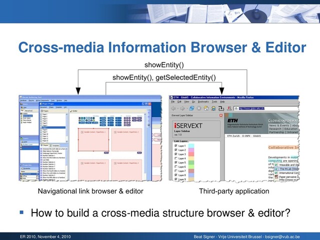 ER 2010, November 4, 2010 Beat Signer - Vrije Universiteit Brussel - bsigner@vub.ac.be
Cross-media Information Browser & Editor
▪ How to build a cross-media structure browser & editor?

