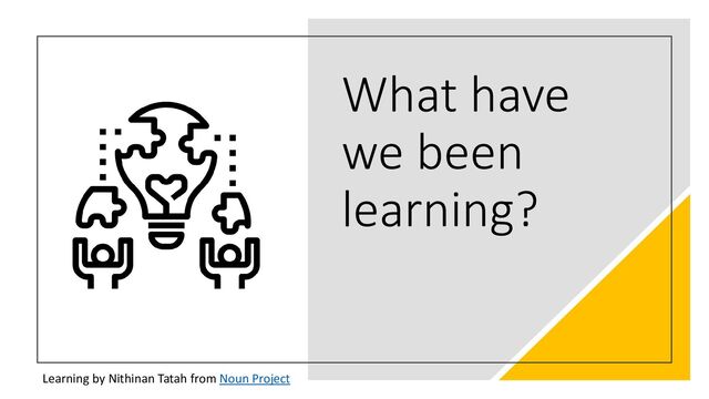 What have
we been
learning?
Learning by Nithinan Tatah from Noun Project
