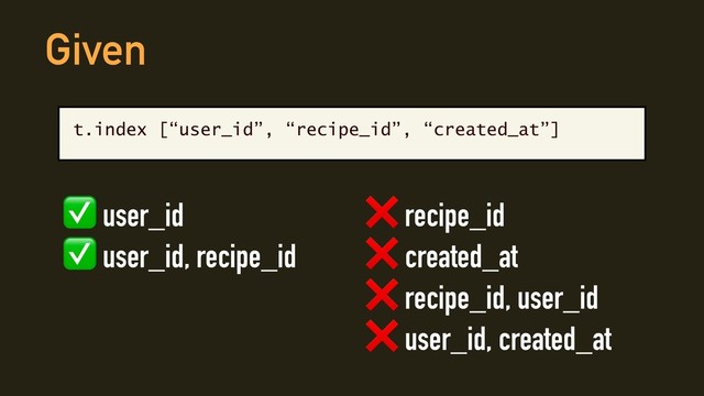 t.index [“user_id”, “recipe_id”, “created_at”]
Given
✅ user_id
✅ user_id, recipe_id
❌ recipe_id
❌ created_at
❌ recipe_id, user_id
❌ user_id, created_at
