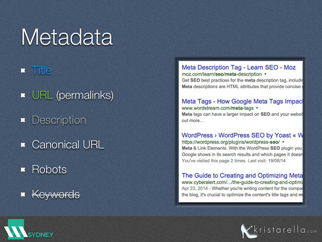 Metadata
Title
URL (permalinks)
Description
Canonical URL
Robots
Keywords

