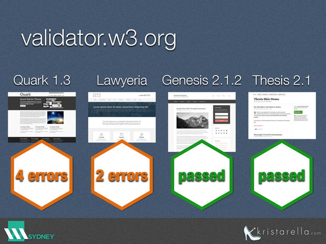 validator.w3.org
Thesis 2.1
Genesis 2.1.2
passed
Lawyeria
Quark 1.3
2 errors passed
4 errors
