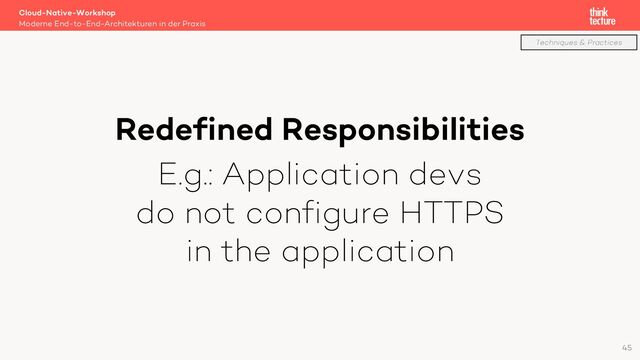 Redefined Responsibilities
E.g.: Application devs
do not configure HTTPS
in the application
Cloud-Native-Workshop
Moderne End-to-End-Architekturen in der Praxis
45
Techniques & Practices
