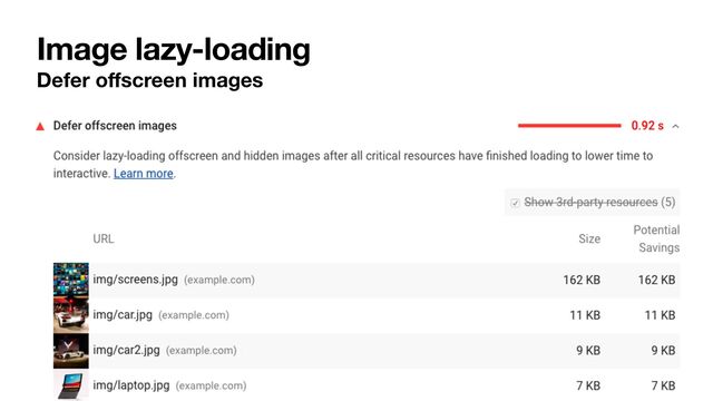 Image lazy-loading
Defer o
ff
screen images
