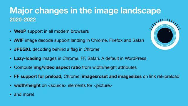 Major changes in the image landscape
• WebP support in all modern browsers

• AVIF image decode support landing in Chrome, Firefox and Safari

• JPEGXL decoding behind a
fl
ag in Chrome 

• Lazy-loading images in Chrome, FF, Safari. A default in WordPress

• Compute img/video aspect ratio from width/height attributes

• FF support for preload, Chrome: imagesrcset and imagesizes on link rel=preload

• width/height on  elements for  

• and more!
2020-2022

