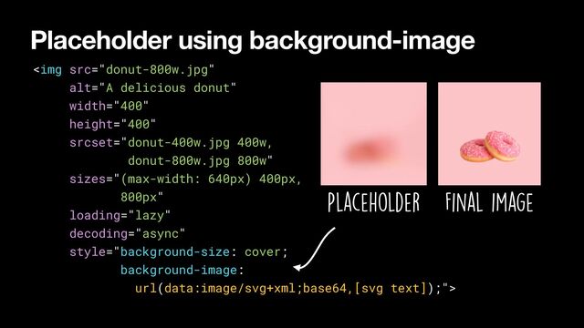 Placeholder using background-image
<img src="donut-800w.jpg" alt="A delicious donut" width="400" height="400">


Placeholder Final image

