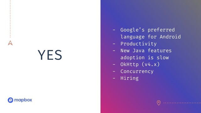 YES
- Google’s preferred
language for Android
- Productivity
- New Java features
adoption is slow
- OkHttp (v4.x)
- Concurrency
- Hiring
