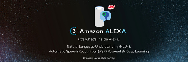 Amazon ALEXA
(It’s what’s inside Alexa)
Preview Available Today
3
Natural Language Understanding (NLU) &
Automatic Speech Recognition (ASR) Powered By Deep Learning
Natural Language Understanding (NLU) &
Automatic Speech Recognition (ASR) Powered By Deep Learning
