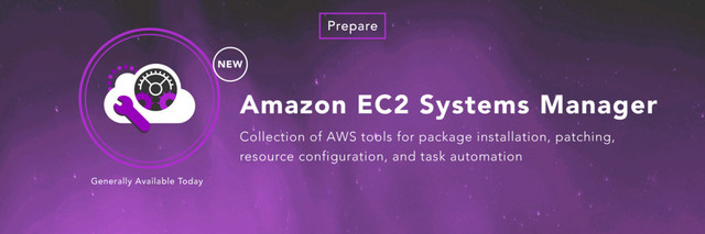 Amazon EC2 Systems Manager
Collection of AWS tools for package installation, patching,
resource configuration, and task automation
Prepare
NEW
Generally Available Today
