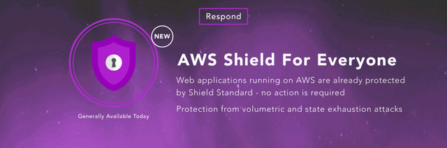 Web applications running on AWS are already protected
by Shield Standard - no action is required
Protection from volumetric and state exhaustion attacks
NEW
Respond
Generally Available Today
AWS Shield For Everyone
