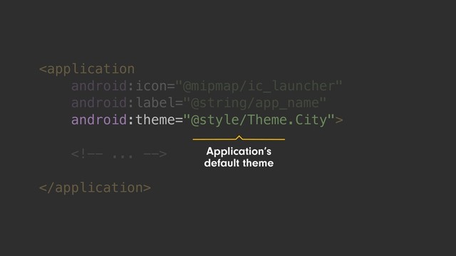 


android:theme="@style/Theme.City"
Application’s
default theme
