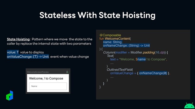 Stateless With State Hoisting
State Hoisting : Pattern where we move the state to the
caller by replace the internal state with two parameters


value: T value to display


onValueChange: (T) -> Unit event when value change
@Composabl
e

fun WelcomeContent
(

name: String,
onNameChange: (String) -> Unit
)
{

Column(modifier = Modifier.padding(16.dp))
{

Text
(

text = "Welcome, $name! to Compose"
,

…
)

OutlinedTextField(
onValueChange = { onNameChange(it) }
,

…
)

}

}
