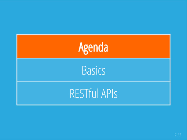 Agenda
Basics
RESTful APIs
2 / 21
