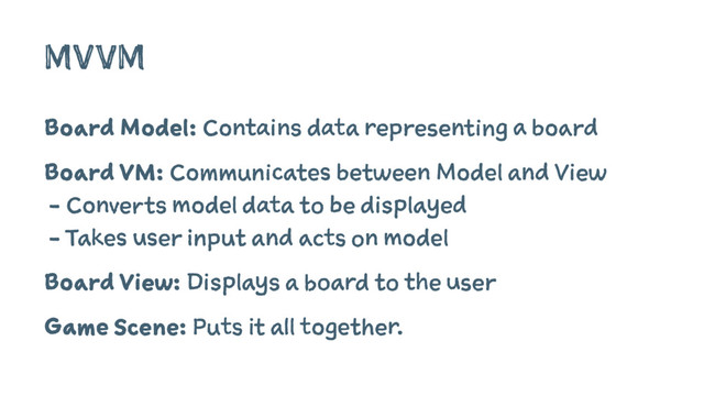 MVVM
Board Model: Contains data representing a board
Board VM: Communicates between Model and View
- Converts model data to be displayed
- Takes user input and acts on model
Board View: Displays a board to the user
Game Scene: Puts it all together.

