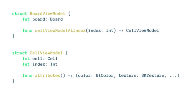 struct BoardViewModel {
let board: Board
func cellViewModelAtIndex(index: Int) -> CellViewModel
}
struct CellViewModel {
let cell: Cell
let index: Int
func attributes() -> (color: UIColor, texture: SKTexture, ...)
}
