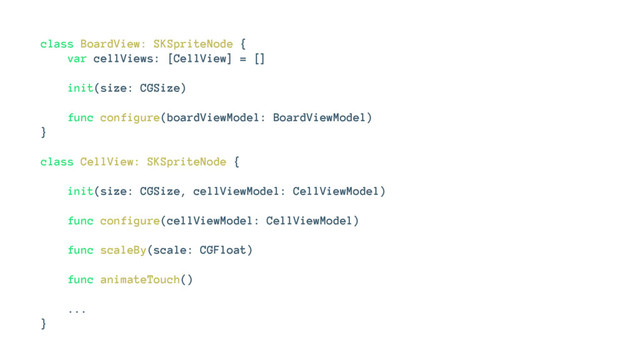 class BoardView: SKSpriteNode {
var cellViews: [CellView] = []
init(size: CGSize)
func configure(boardViewModel: BoardViewModel)
}
class CellView: SKSpriteNode {
init(size: CGSize, cellViewModel: CellViewModel)
func configure(cellViewModel: CellViewModel)
func scaleBy(scale: CGFloat)
func animateTouch()
...
}

