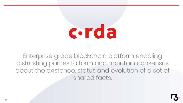 Enterprise grade blockchain platform enabling
distrusting parties to form and maintain consensus
about the existence, status and evolution of a set of
shared facts.
24
