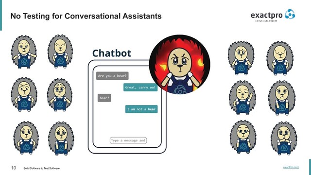 10 Build Software to Test Software exactpro.com
No Testing for Conversational Assistants
Chatbot
