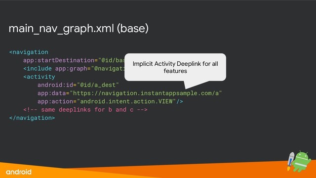 main_nav_graph.xml (base)





Implicit Activity Deeplink for all
features
