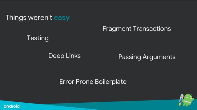 Things weren't easy
Fragment Transactions
Deep Links Passing Arguments
Error Prone Boilerplate
Testing
