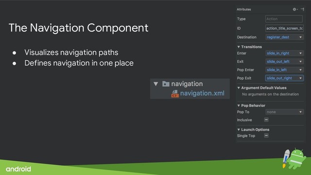 The Navigation Component
● Visualizes navigation paths
● Defines navigation in one place
