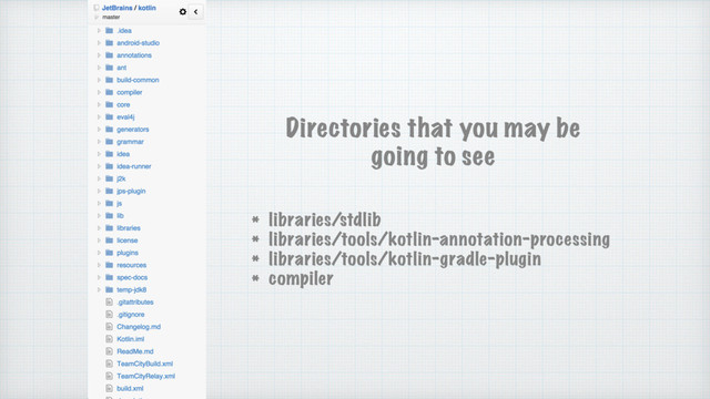 * libraries/stdlib
* libraries/tools/kotlin-annotation-processing
* libraries/tools/kotlin-gradle-plugin
* compiler
Directories that you may be
going to see
