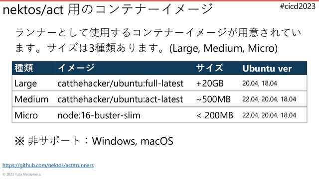 #cicd2023
nektos/act 用のコンテナーイメージ
ランナーとして使用するコンテナーイメージが用意されてい
ます。サイズは3種類あります。(Large, Medium, Micro)
※ 非サポート：Windows, macOS
© 2023 Yuta Matsumura.
種類 イメージ サイズ Ubuntu ver
Large catthehacker/ubuntu:full-latest +20GB 20.04, 18.04
Medium catthehacker/ubuntu:act-latest ~500MB 22.04, 20.04, 18.04
Micro node:16-buster-slim < 200MB 22.04, 20.04, 18.04
https://github.com/nektos/act#runners
