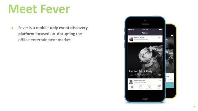 Meet Fever
● Fever is a mobile-only event discovery
platform focused on disrupting the
offline entertainment market
4

