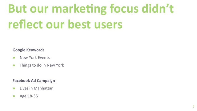 But our marke+ng focus didn’t
reﬂect our best users
Google Keywords
● New York Events
● Things to do in New York
Facebook Ad Campaign
● Lives in Manhattan
● Age:18-35
7
