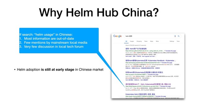 Why Helm Hub China?
• Helm adoption is still at early stage in Chinese market
If search: “helm usage” in Chinese:
1. Most information are out-of-date
2. Few mentions by mainstream local media
3. Very few discussion in local tech forum
