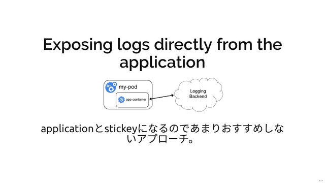 Exposing logs directly from the
application
application
とstickey
になるのであまりおすすめしな
いアプローチ。
12 / 31
