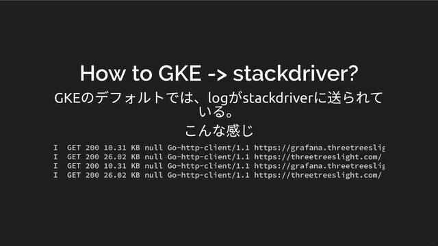 How to GKE -> stackdriver?
GKE
のデフォルトでは、log
がstackdriver
に送られて
いる。
こんな感じ
I GET 200 10.31 KB null Go-http-client/1.1 https://grafana.threetreeslig
I GET 200 26.02 KB null Go-http-client/1.1 https://threetreeslight.com/
I GET 200 10.31 KB null Go-http-client/1.1 https://grafana.threetreeslig
I GET 200 26.02 KB null Go-http-client/1.1 https://threetreeslight.com/
15 / 31
