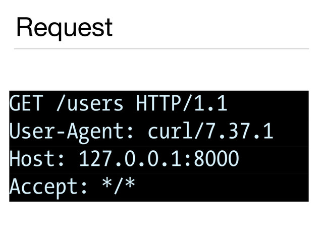 Request
GET /users HTTP/1.1
User-Agent: curl/7.37.1
Host: 127.0.0.1:8000
Accept: */*
