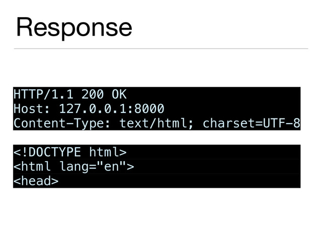 Response
HTTP/1.1 200 OK
Host: 127.0.0.1:8000
Content-Type: text/html; charset=UTF-8



