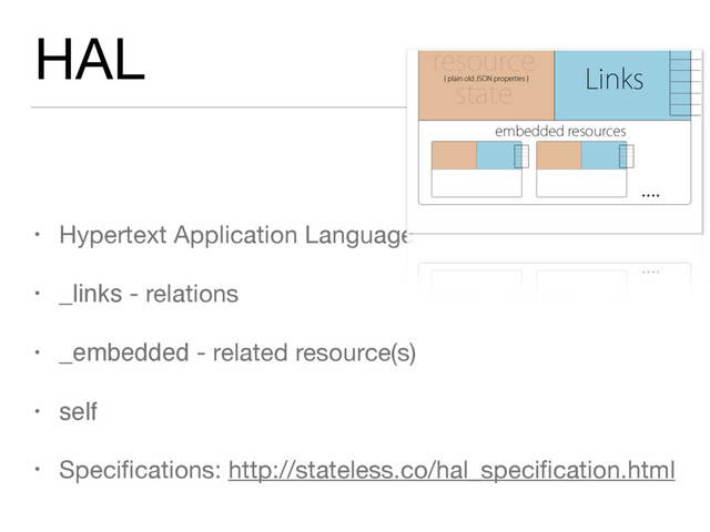 HAL
• Hypertext Application Language

• _links - relations

• _embedded - related resource(s)

• self
• Speciﬁcations: http://stateless.co/hal_speciﬁcation.html
