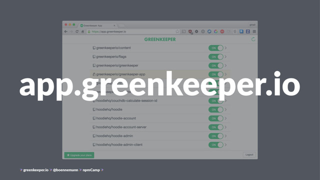 app.greenkeeper.io
greenkeeper.io @boennemann npmCamp
