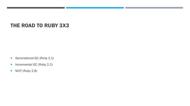 THE ROAD TO RUBY 3X3
 Generational GC (Ruby 2.1)
 Incremental GC (Ruby 2.2)
 MJIT (Ruby 2.6)
