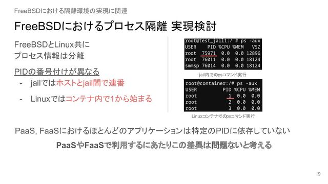 FreeBSDにおけるプロセス隔離 実現検討
FreeBSDとLinux共に
プロセス情報は分離
PIDの番号付けが異なる
- jailではホストとjail間で連番
- Linuxではコンテナ内で1から始まる
19
FreeBSDにおける隔離環境の実現に関連
jail内でのpsコマンド実行
PaaS, FaaSにおけるほとんどのアプリケーションは特定のPIDに依存していない
PaaSやFaaSで利用するにあたりこの差異は問題ないと考える
Linuxコンテナでのpsコマンド実行
