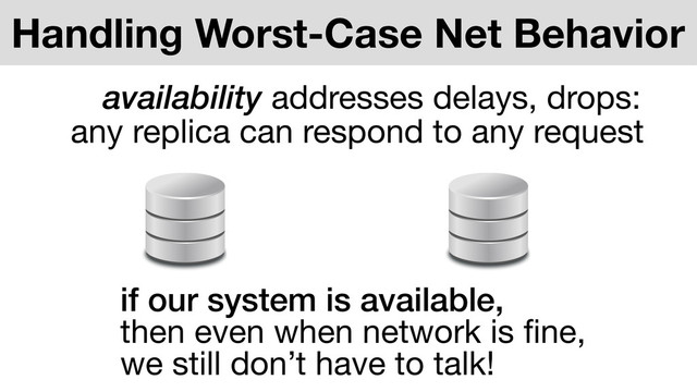 any replica can respond to any request
Handling Worst-Case Net Behavior
if our system is available,
then even when network is ﬁne,

we still don’t have to talk!
availability addresses delays, drops:

