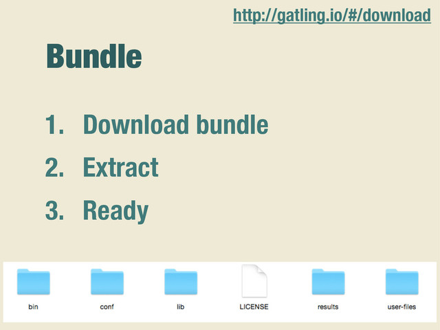 Bundle
1. Download bundle
2. Extract
3. Ready
http://gatling.io/#/download

