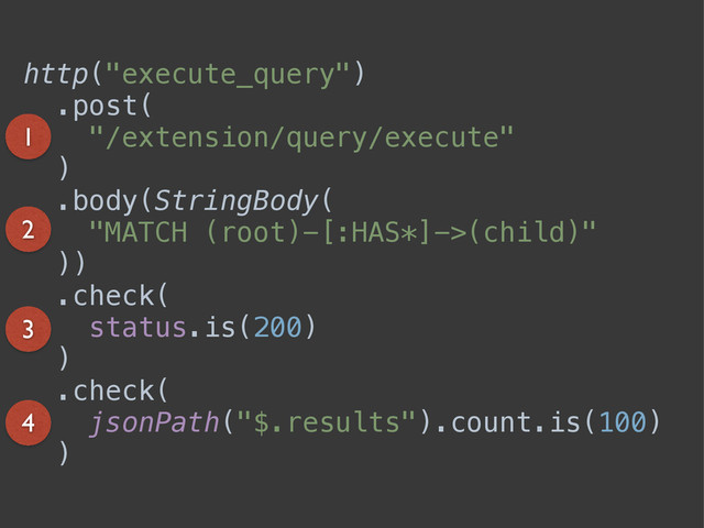 http("execute_query") 
.post(
"/extension/query/execute"
) 
.body(StringBody(
"MATCH (root)-[:HAS*]->(child)"
)) 
.check(
status.is(200)
) 
.check(
jsonPath("$.results").count.is(100)
)
1
2
3
4
